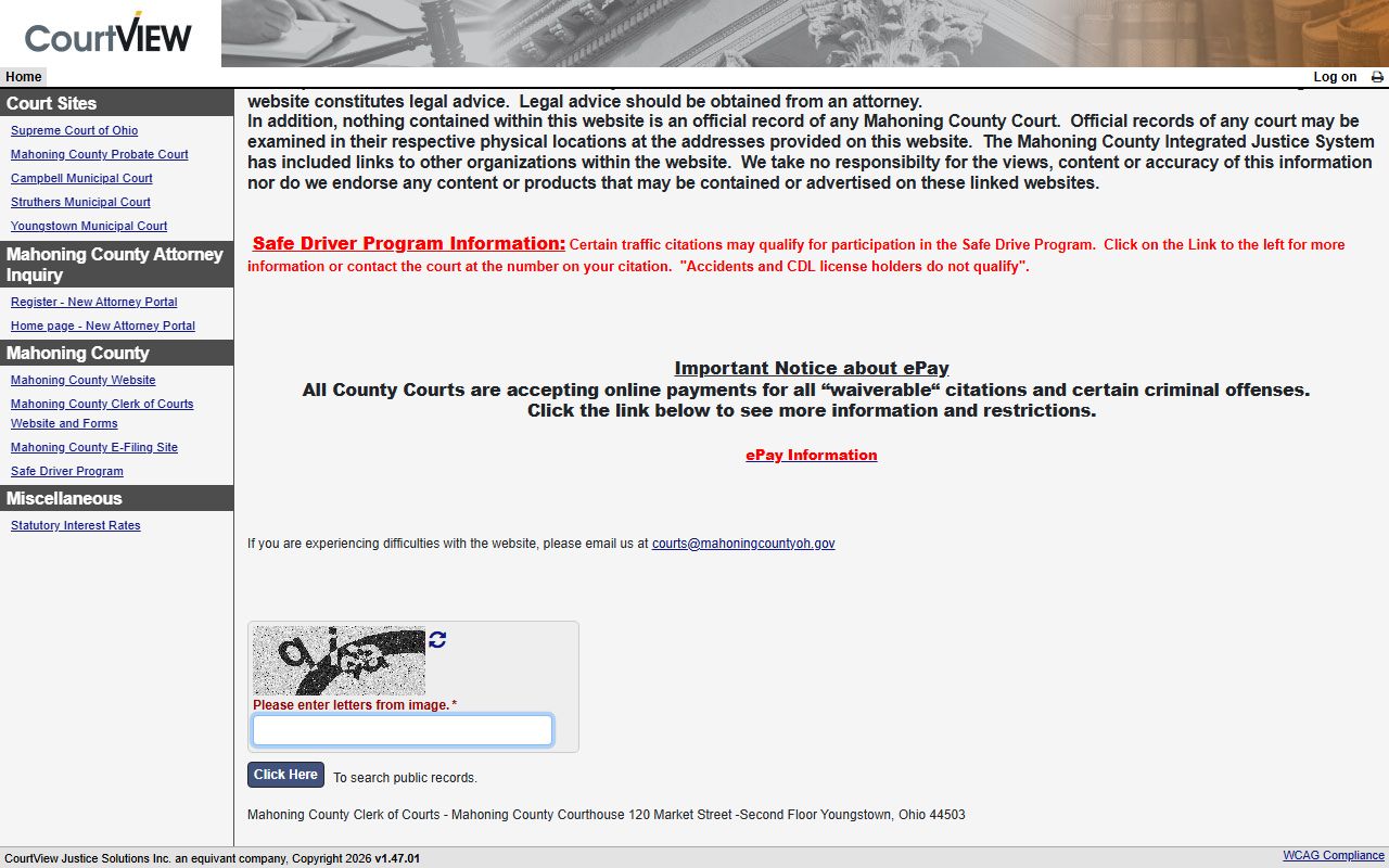 Mahoning County court records after arrest CourtView public access landing page