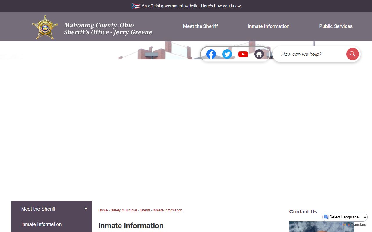 Mahoning County Sheriff's inmate information page with roster, deposit, visitation, and handbook links