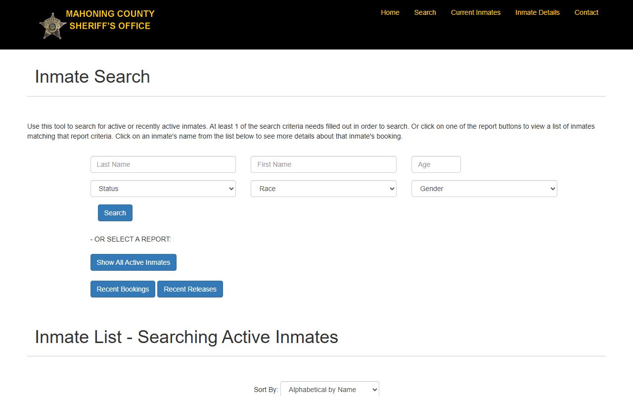 Mahoning County inmate population jail roster search fields and active inmate cards
