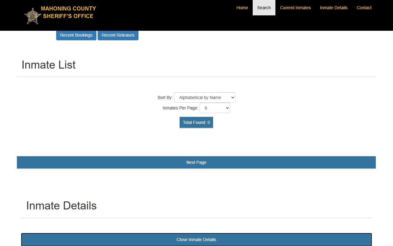 Mahoning County inmate record sample profile with booking photo custody status offense and bond fields