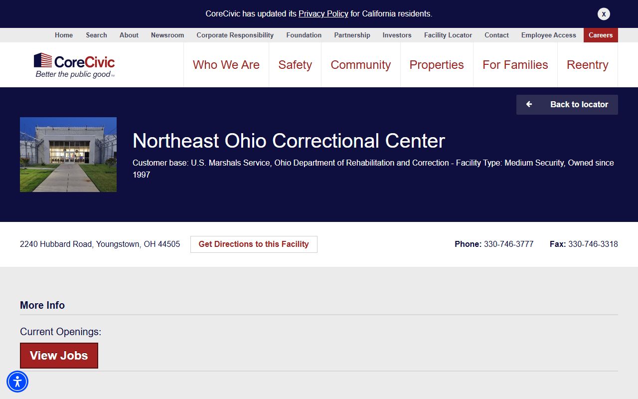 CoreCivic official Northeast Ohio Correctional Center facility page