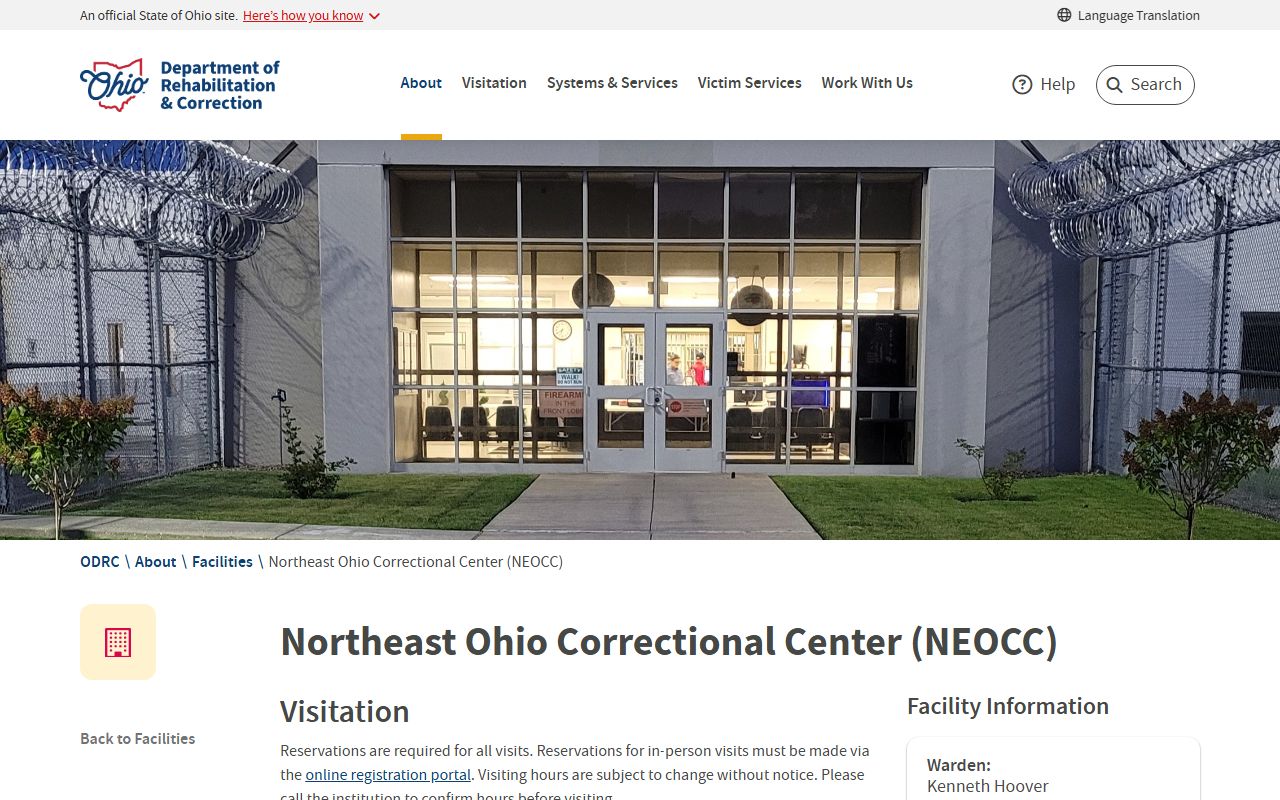 ODRC page for Northeast Ohio Correctional Center in Youngstown