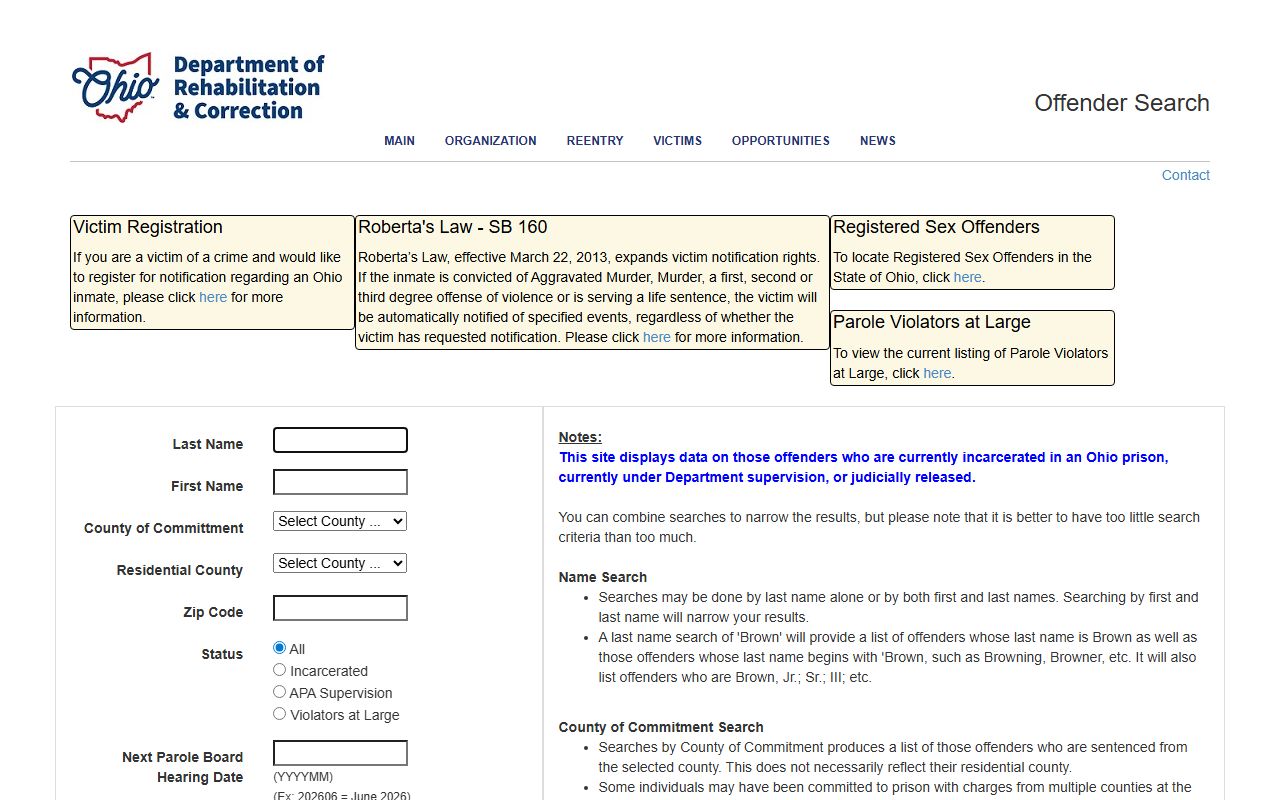 ODRC Offender Search fields for Ohio prison and supervision lookup